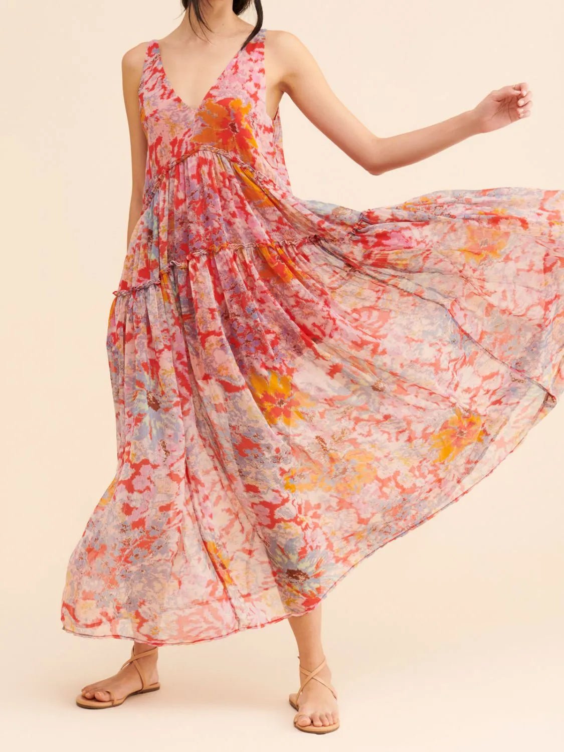Printed V - Neck Sleeveless Dress - Oh she Rose