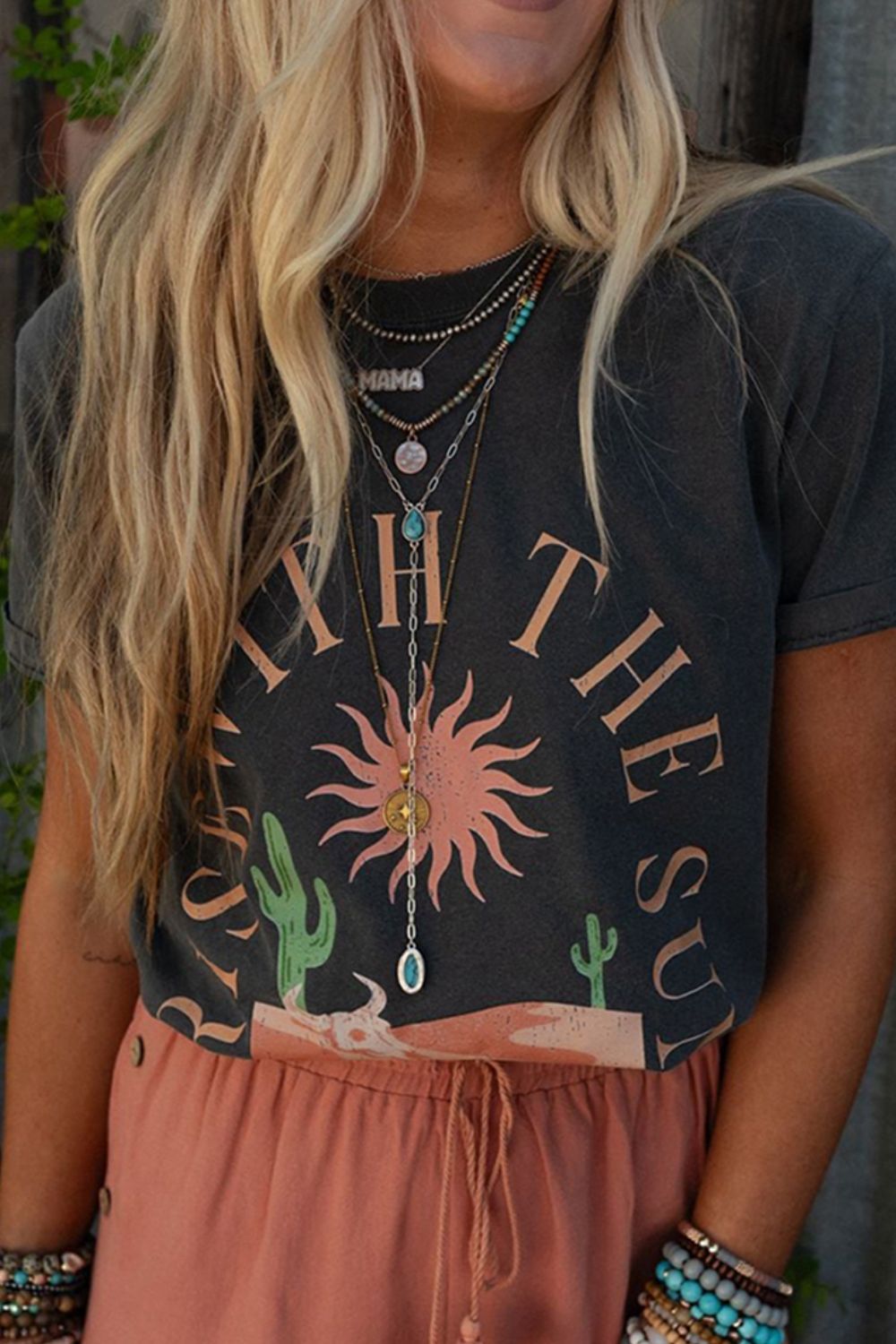 RISE WITH THE SUN Graphic Round Neck Short Sleeve T-Shirt - Oh she Rose