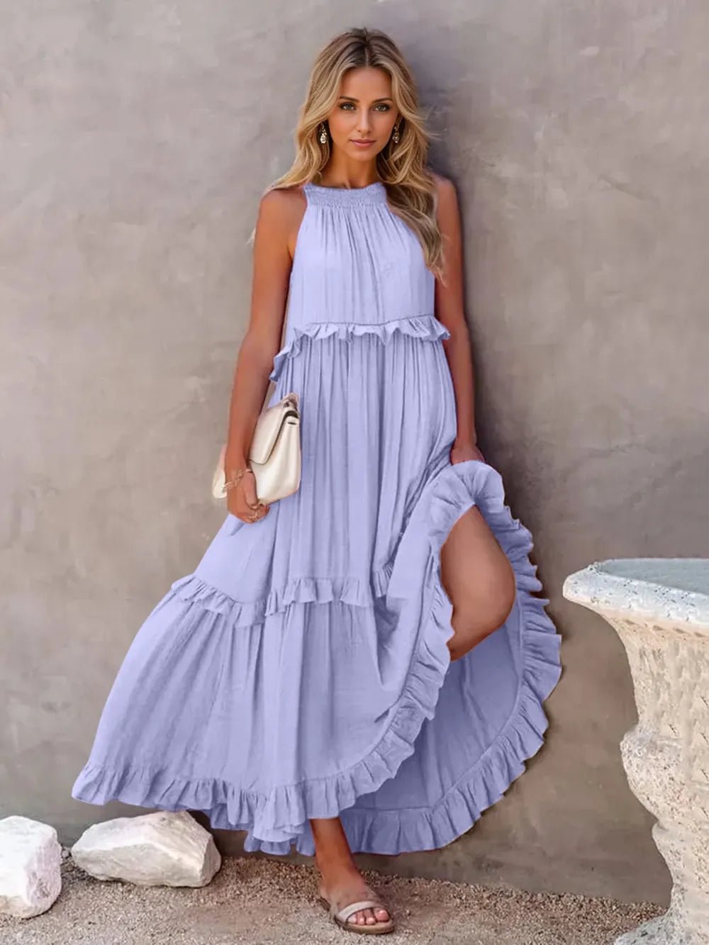 Ruffled Sleeveless Tiered Maxi Dress with Pockets - Oh she Rose