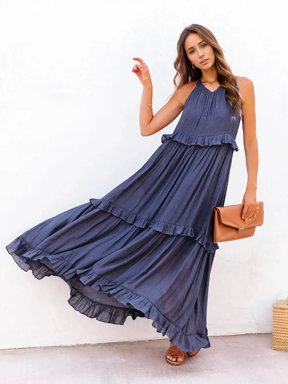 Ruffled Sleeveless Tiered Maxi Dress with Pockets - Oh she Rose
