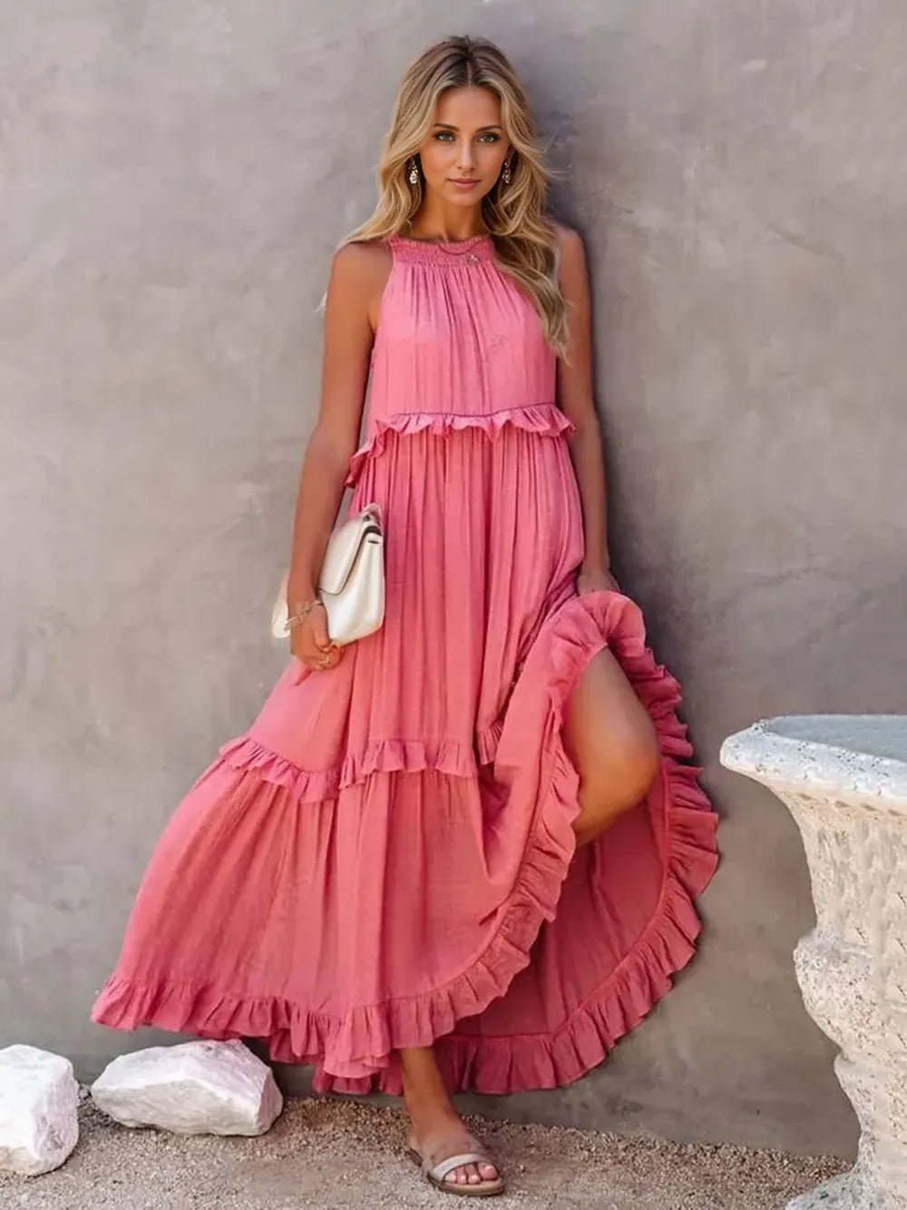 Ruffled Sleeveless Tiered Maxi Dress with Pockets - Oh she Rose