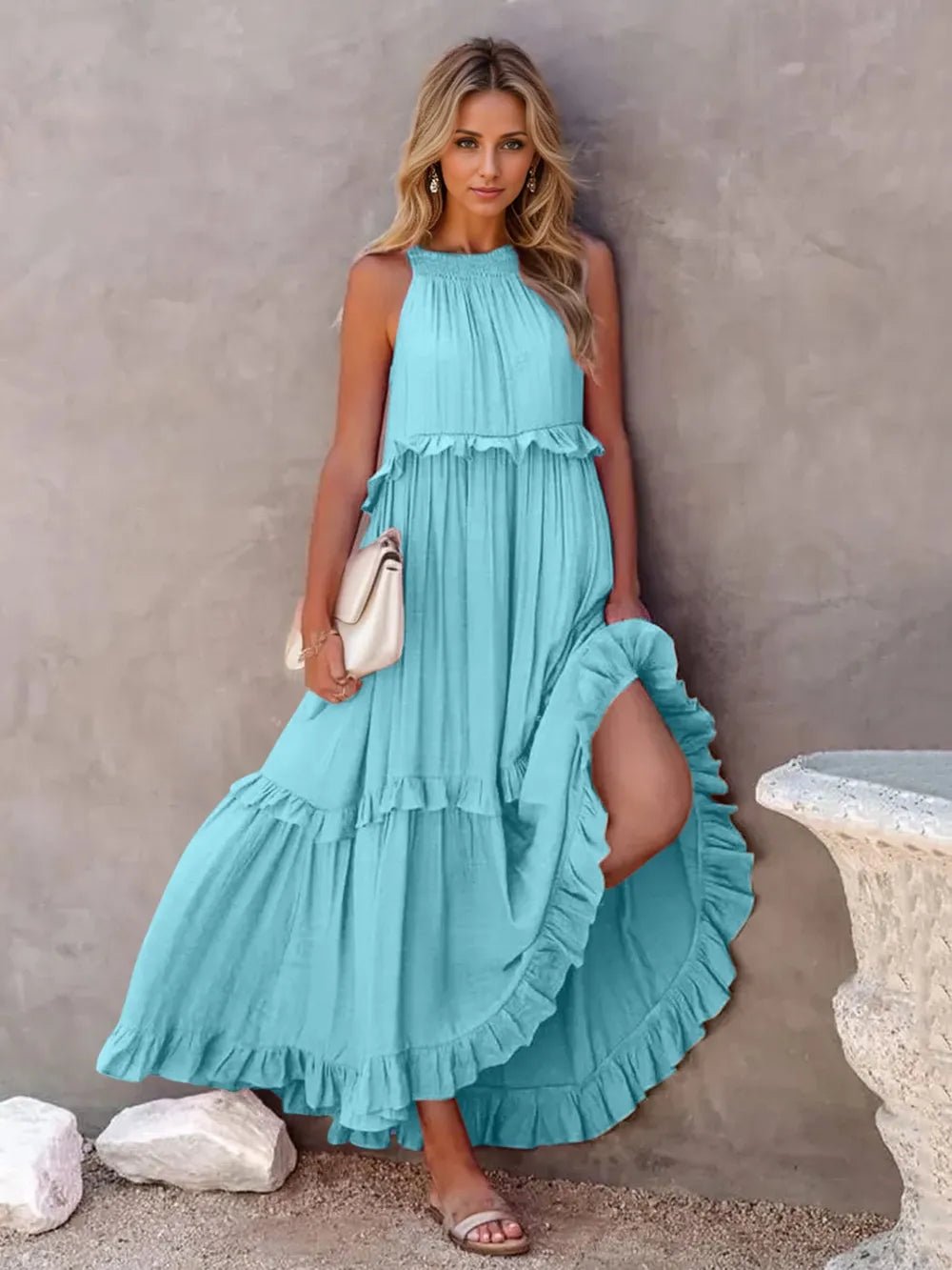 Ruffled Sleeveless Tiered Maxi Dress with Pockets - Oh she Rose