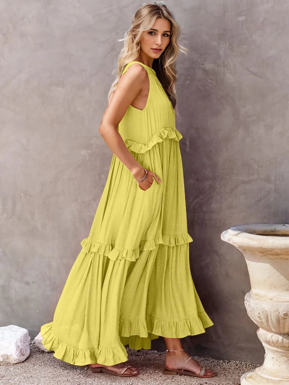 Ruffled Sleeveless Tiered Maxi Dress with Pockets - Oh she Rose