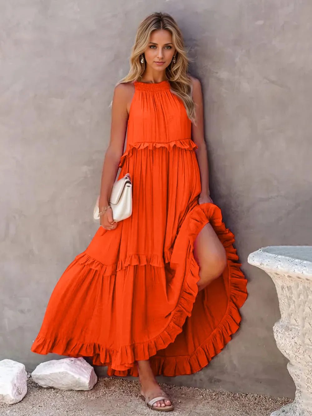 Ruffled Sleeveless Tiered Maxi Dress with Pockets - Oh she Rose