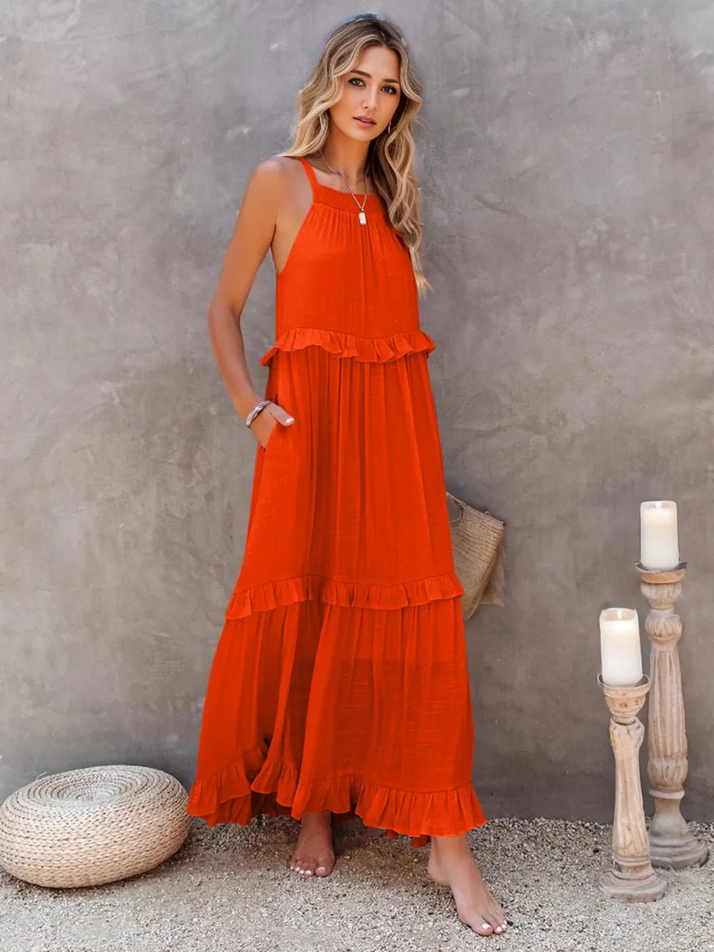 Ruffled Sleeveless Tiered Maxi Dress with Pockets - Oh she Rose