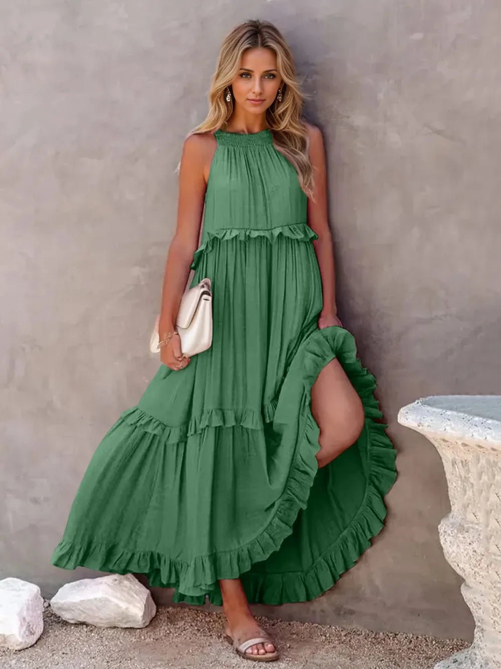 Ruffled Sleeveless Tiered Maxi Dress with Pockets - Oh she Rose