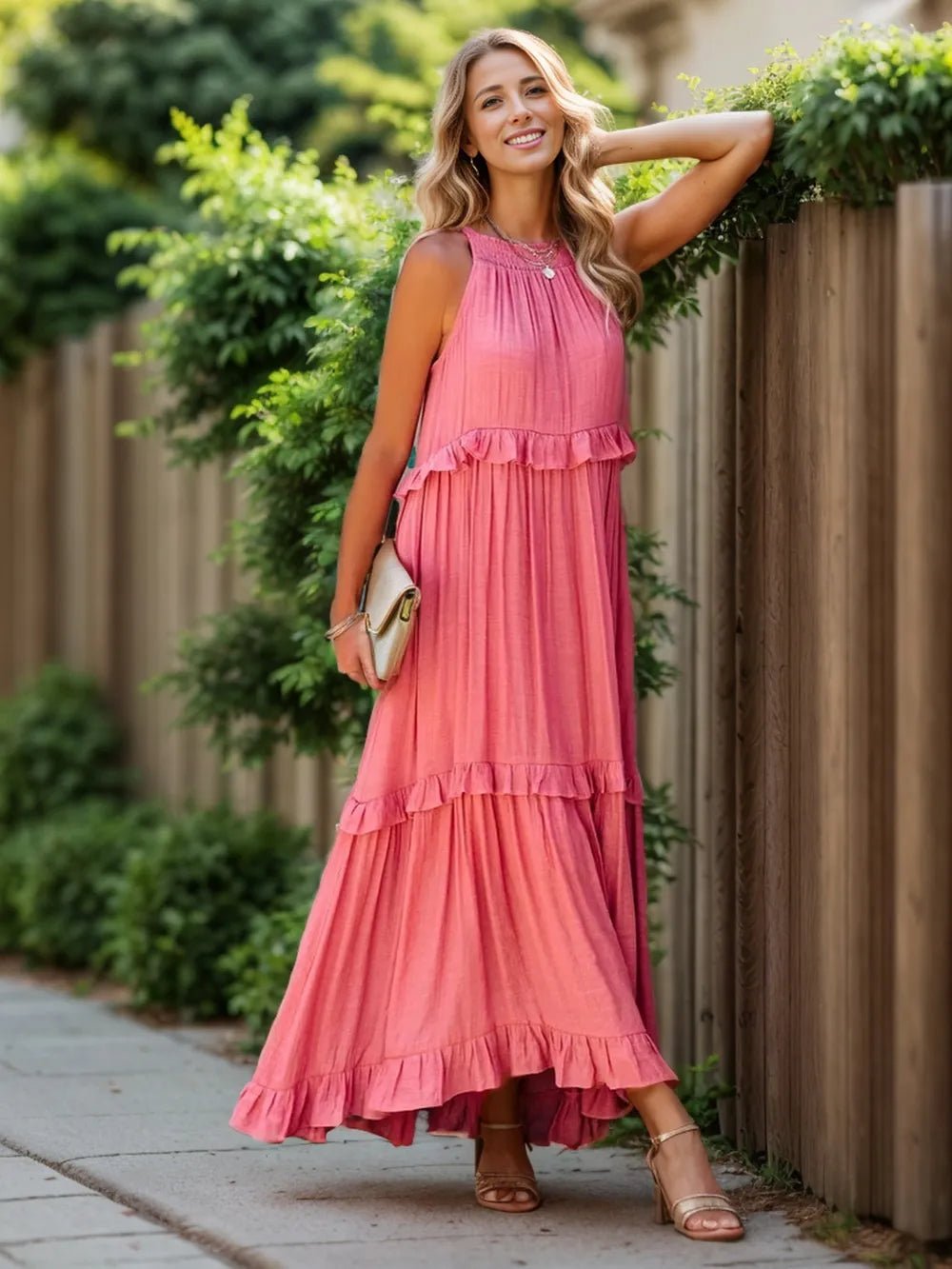 Ruffled Sleeveless Tiered Maxi Dress with Pockets - Oh she Rose