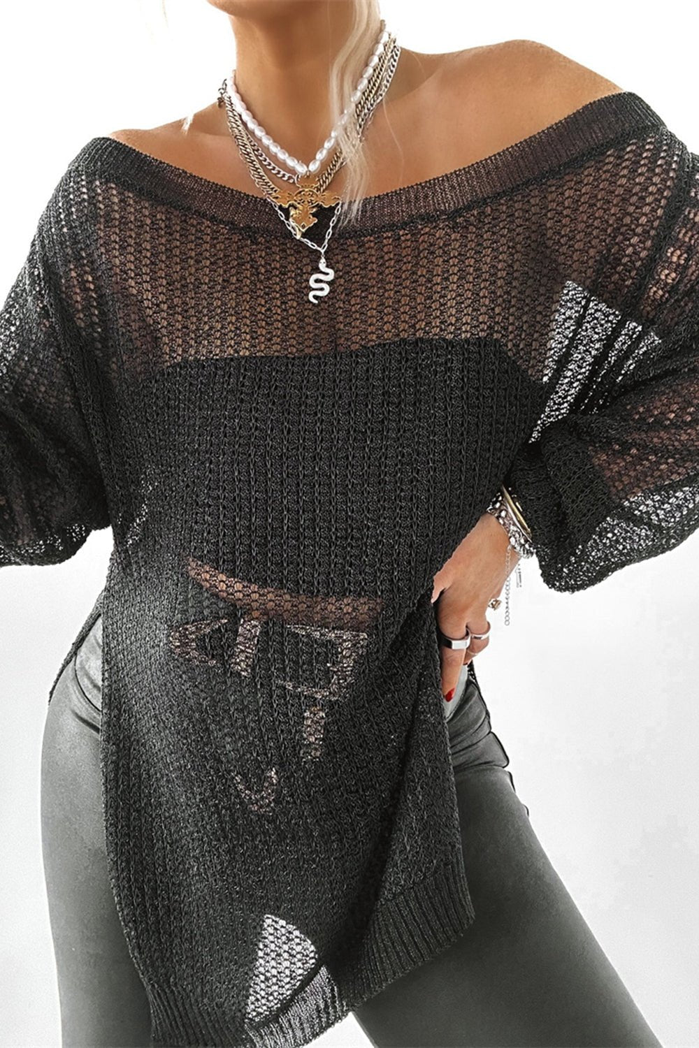 Side Slit Long Sleeve Knit Cover Up - Oh she Rose