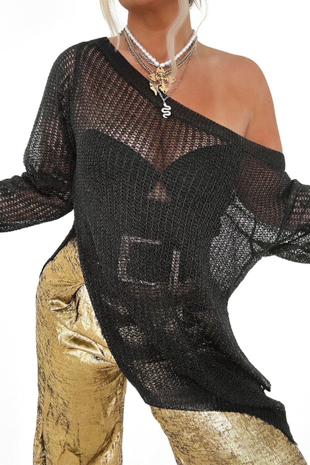 Side Slit Long Sleeve Knit Cover Up - Oh she Rose