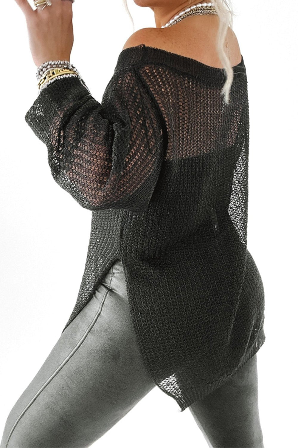 Side Slit Long Sleeve Knit Cover Up - Oh she Rose