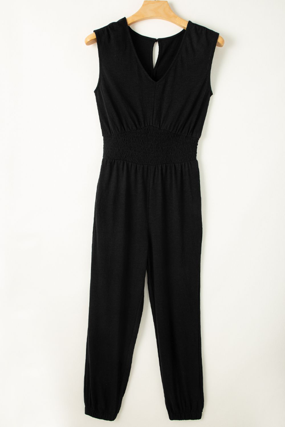 Smocked Sleeveless V Neck Jumpsuit - Oh she Rose