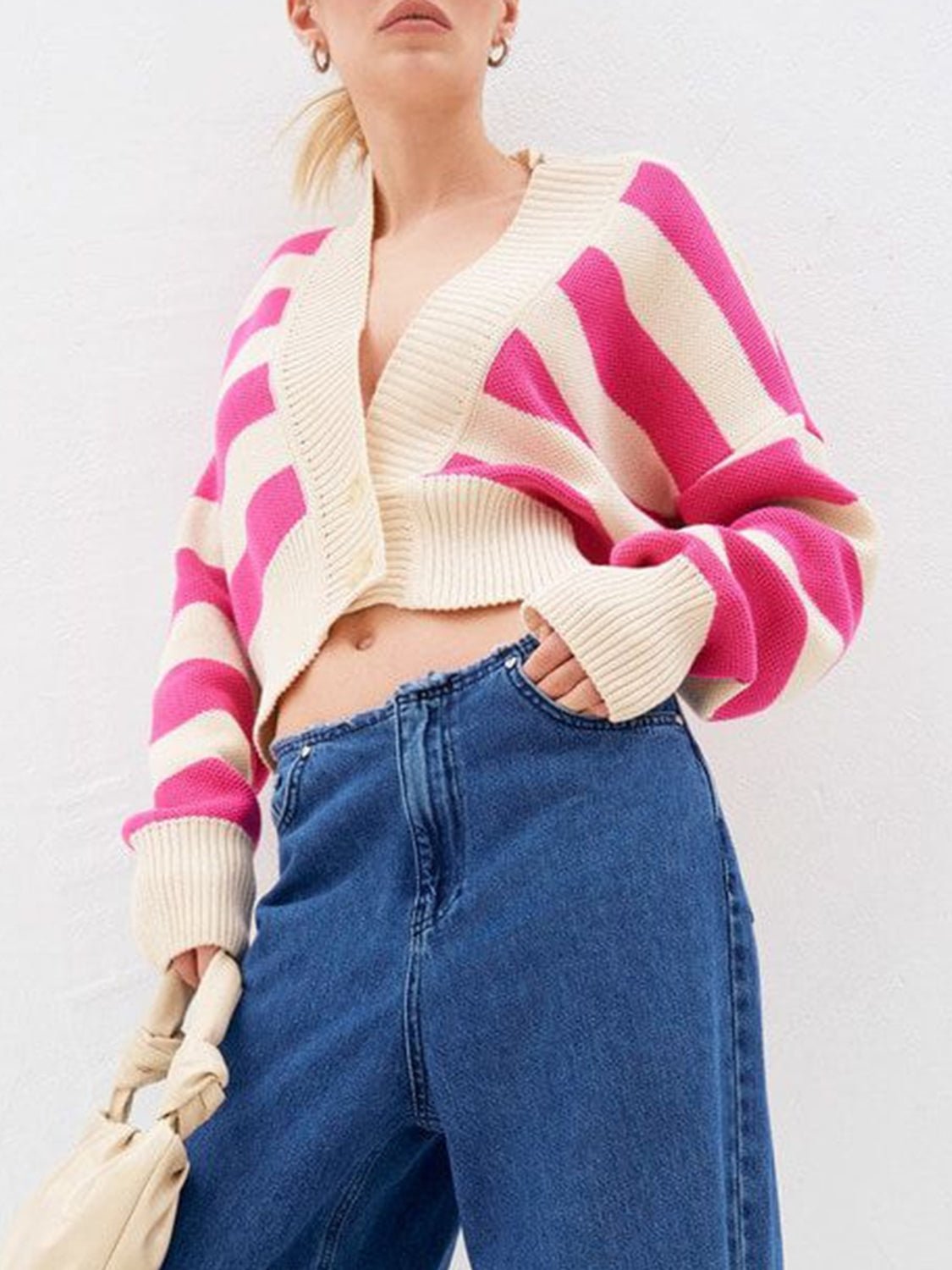 Striped Button Down Drop Shoulder Cardigan - Oh she Rose