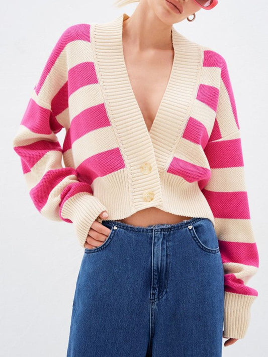 Striped Button Down Drop Shoulder Cardigan - Oh she Rose