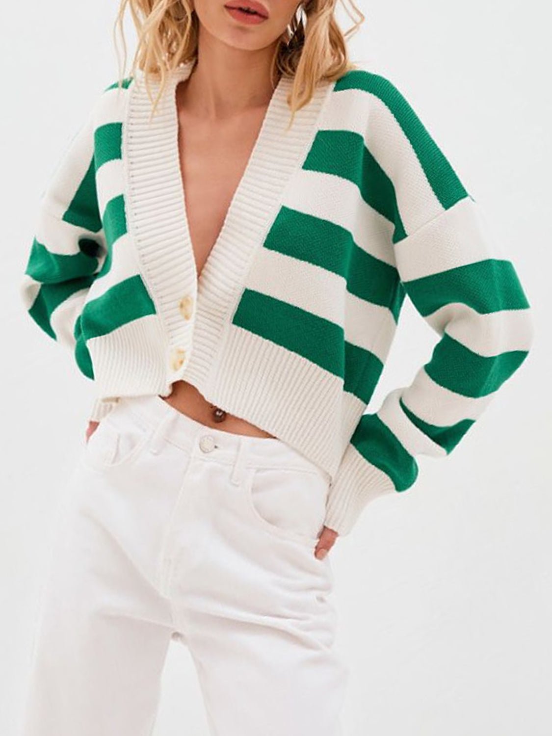 Striped Button Down Drop Shoulder Cardigan - Oh she Rose