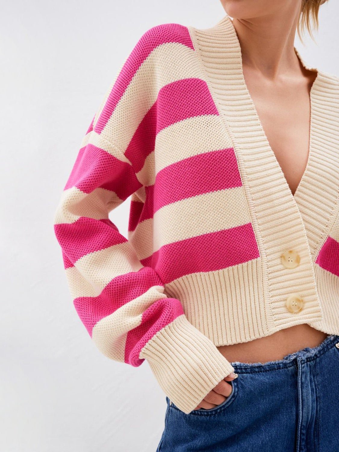 Striped Button Down Drop Shoulder Cardigan - Oh she Rose