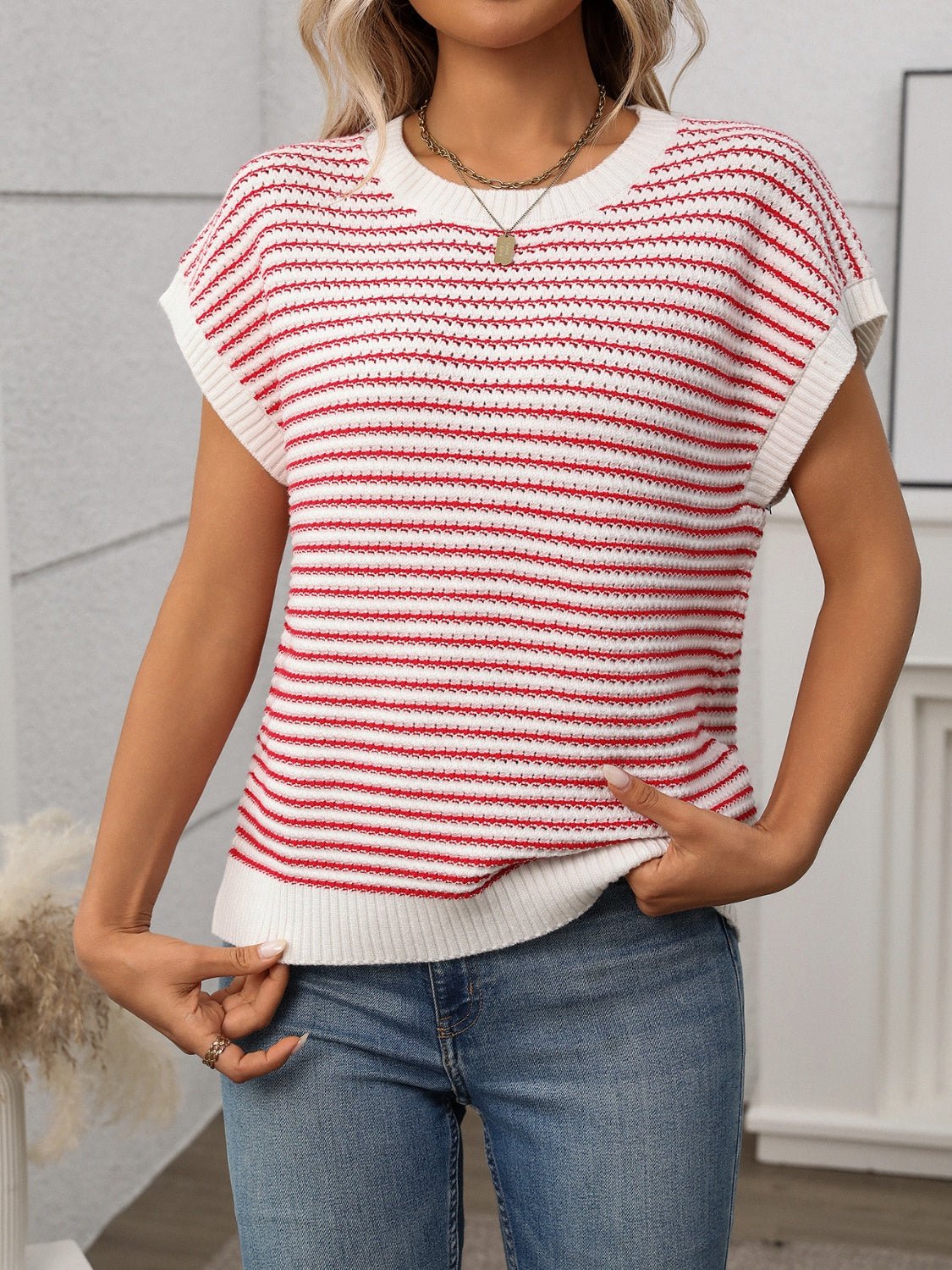 Striped Round Neck Short Sleeve Knit Top - Oh she Rose