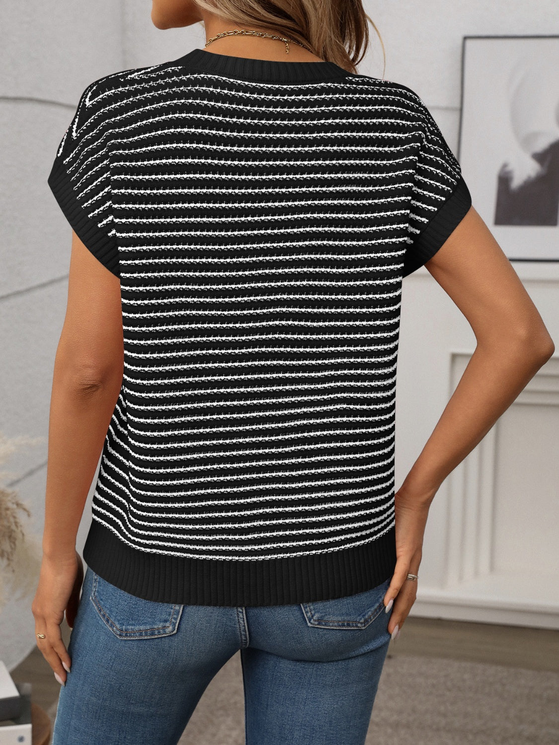 Striped Round Neck Short Sleeve Knit Top - Oh she Rose
