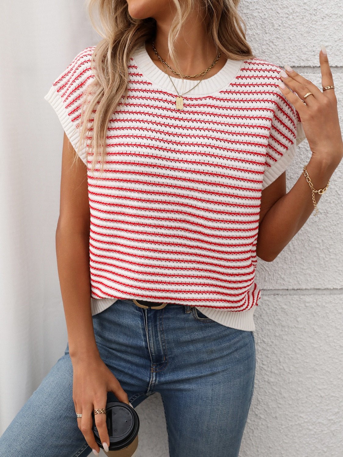 Striped Round Neck Short Sleeve Knit Top - Oh she Rose