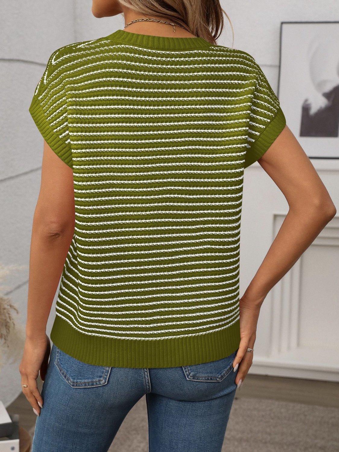 Striped Round Neck Short Sleeve Knit Top - Oh she Rose