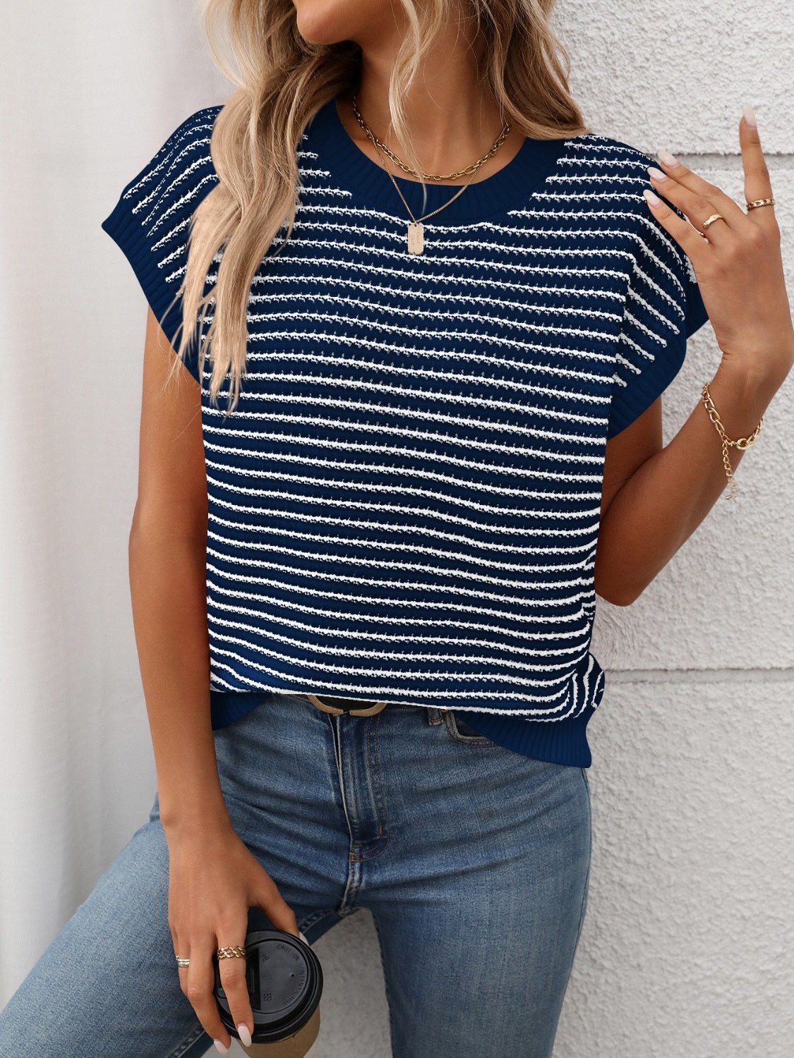 Striped Round Neck Short Sleeve Knit Top - Oh she Rose