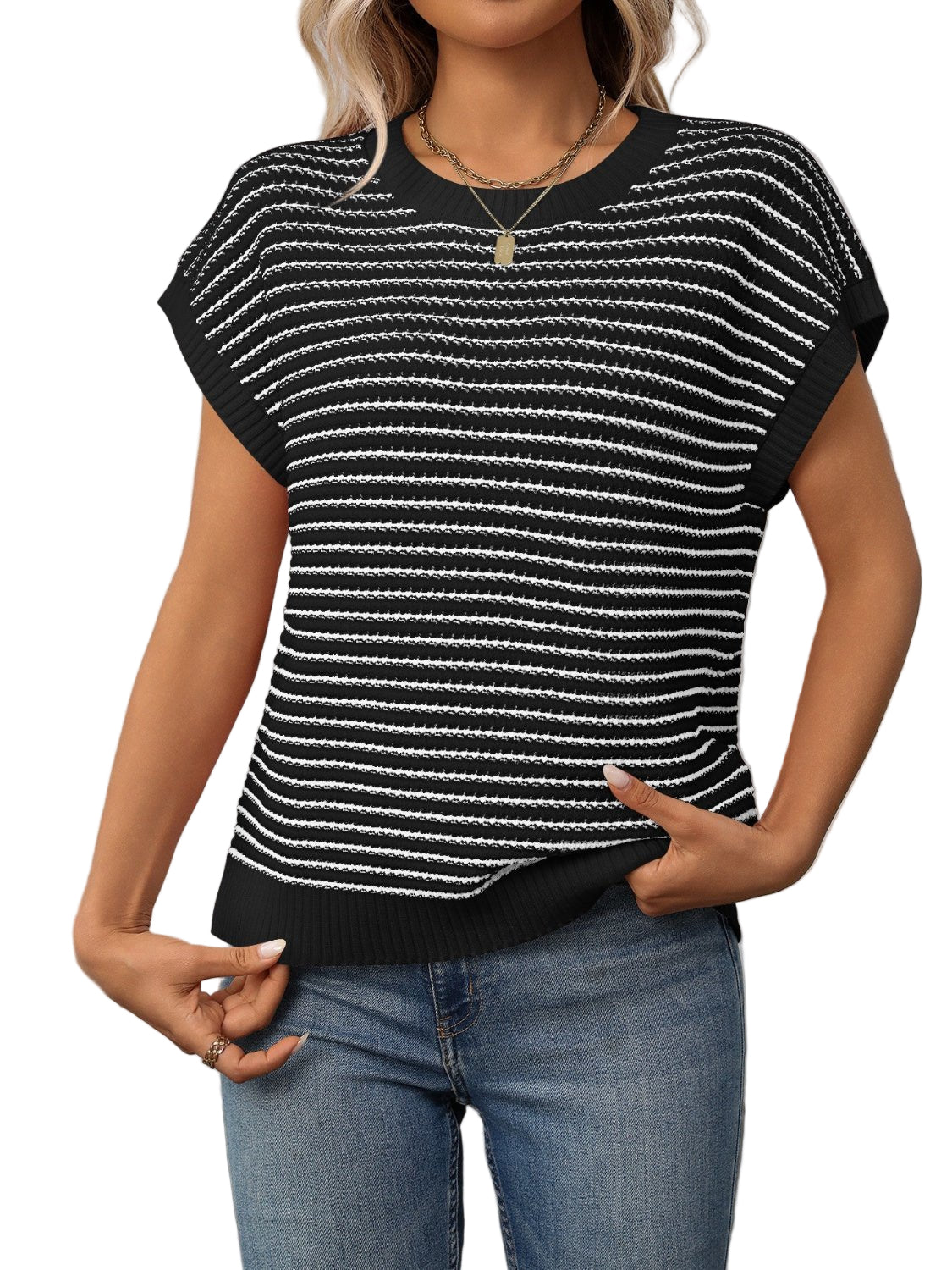 Striped Round Neck Short Sleeve Knit Top - Oh she Rose