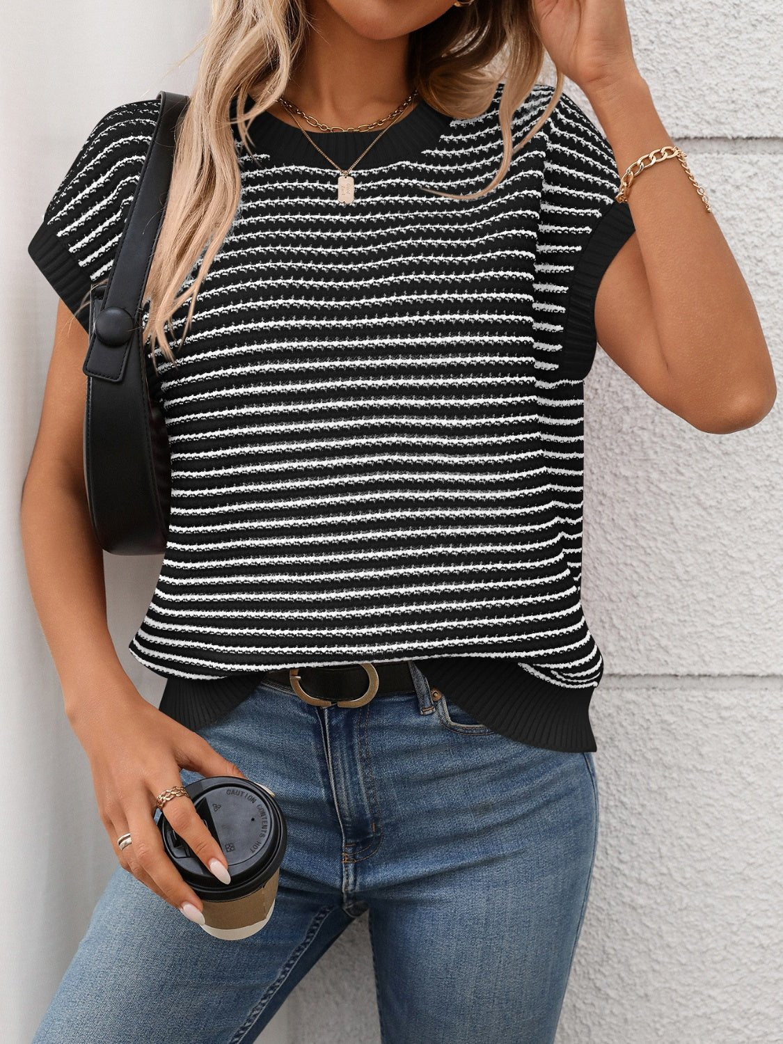 Striped Round Neck Short Sleeve Knit Top - Oh she Rose