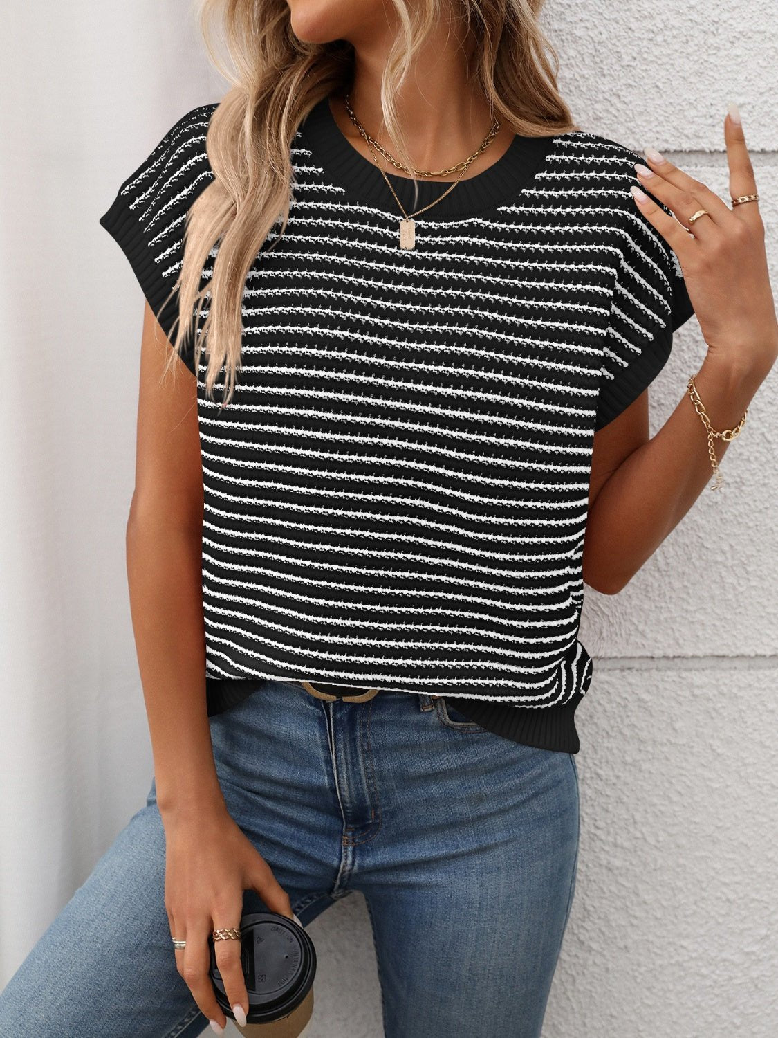 Striped Round Neck Short Sleeve Knit Top - Oh she Rose