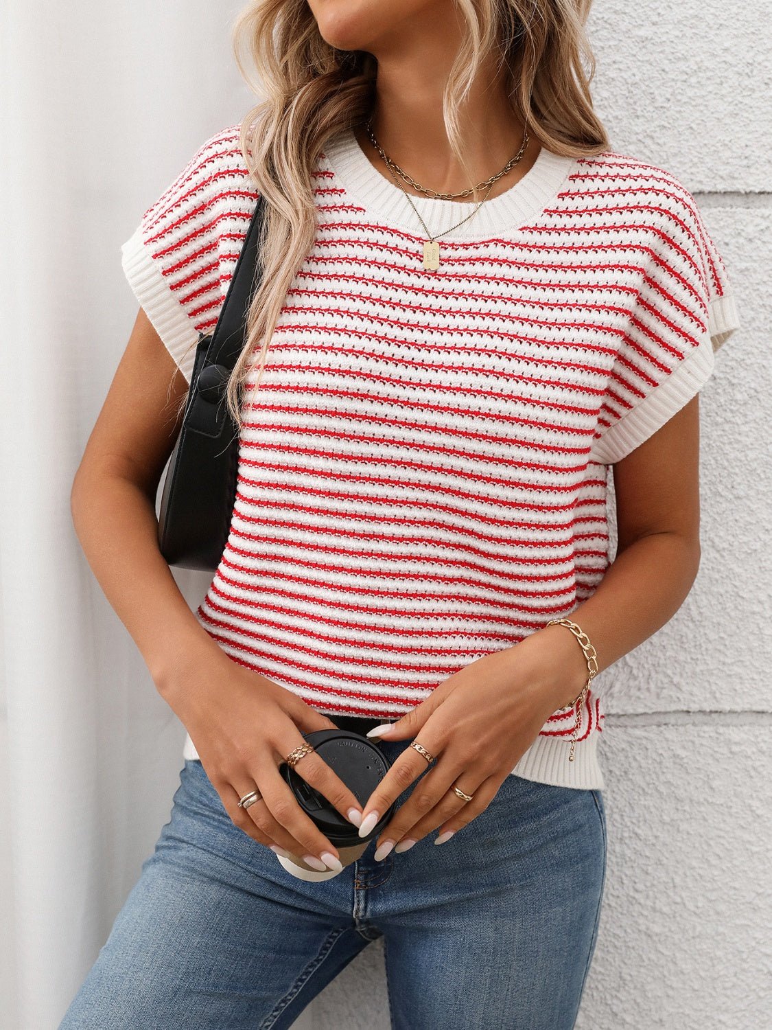 Striped Round Neck Short Sleeve Knit Top - Oh she Rose