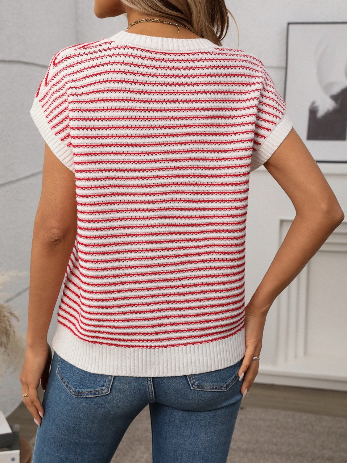 Striped Round Neck Short Sleeve Knit Top - Oh she Rose