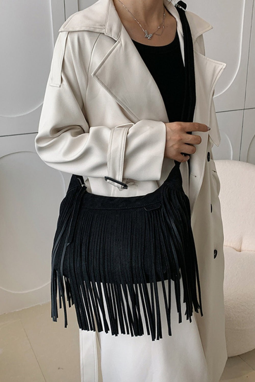 Suede Fringe Adjustable Strap Shoulder Bag - Oh she Rose