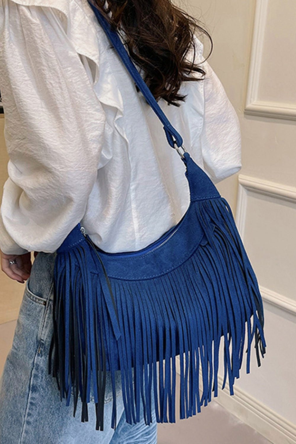 Suede Fringe Adjustable Strap Shoulder Bag - Oh she Rose