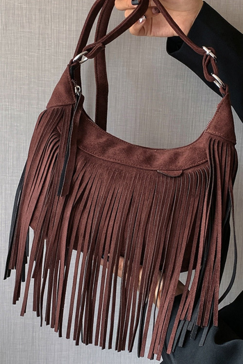 Suede Fringe Adjustable Strap Shoulder Bag - Oh she Rose