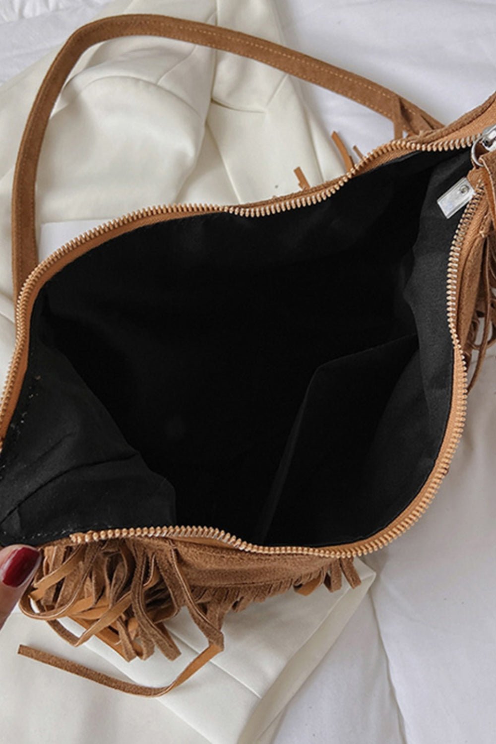 Suede Fringe Adjustable Strap Shoulder Bag - Oh she Rose