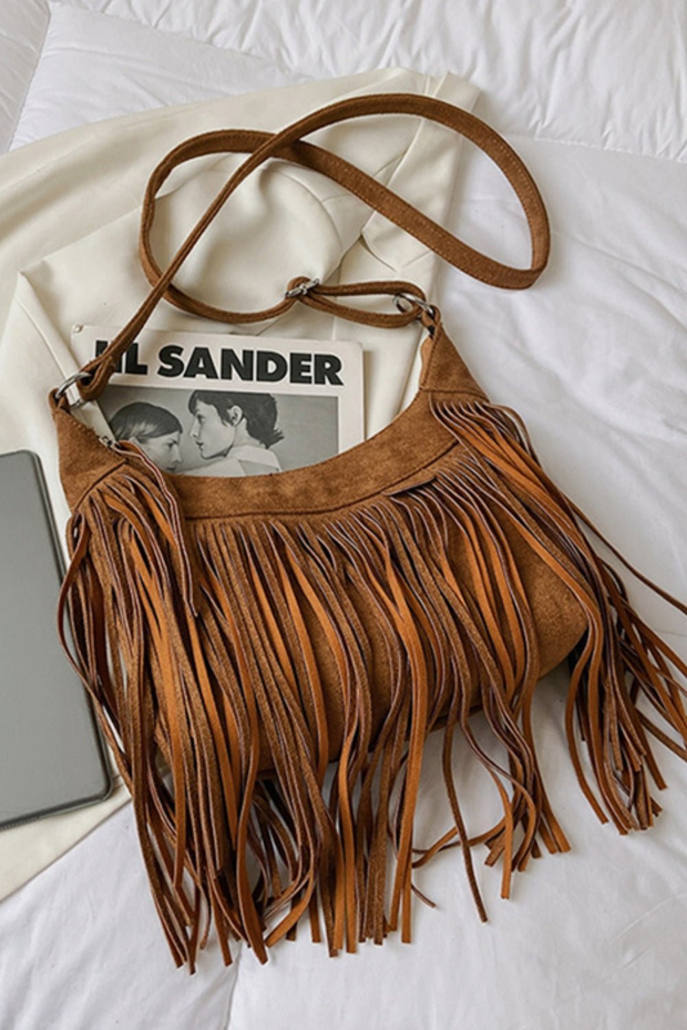 Suede Fringe Adjustable Strap Shoulder Bag - Oh she Rose