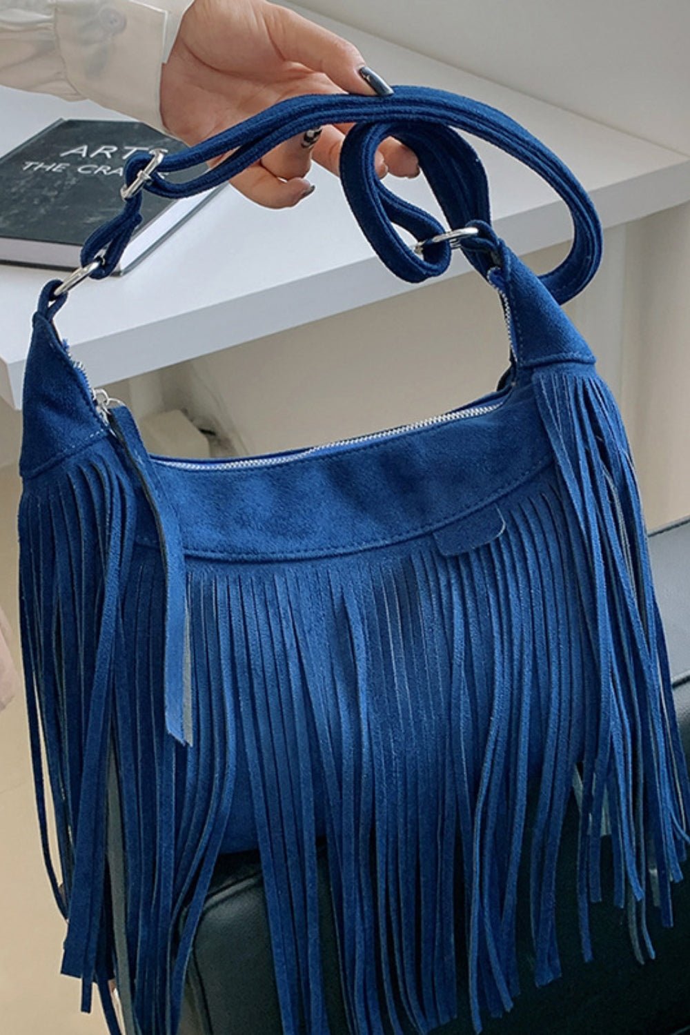 Suede Fringe Adjustable Strap Shoulder Bag - Oh she Rose