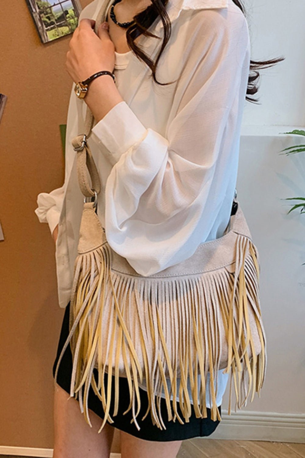 Suede Fringe Adjustable Strap Shoulder Bag - Oh she Rose