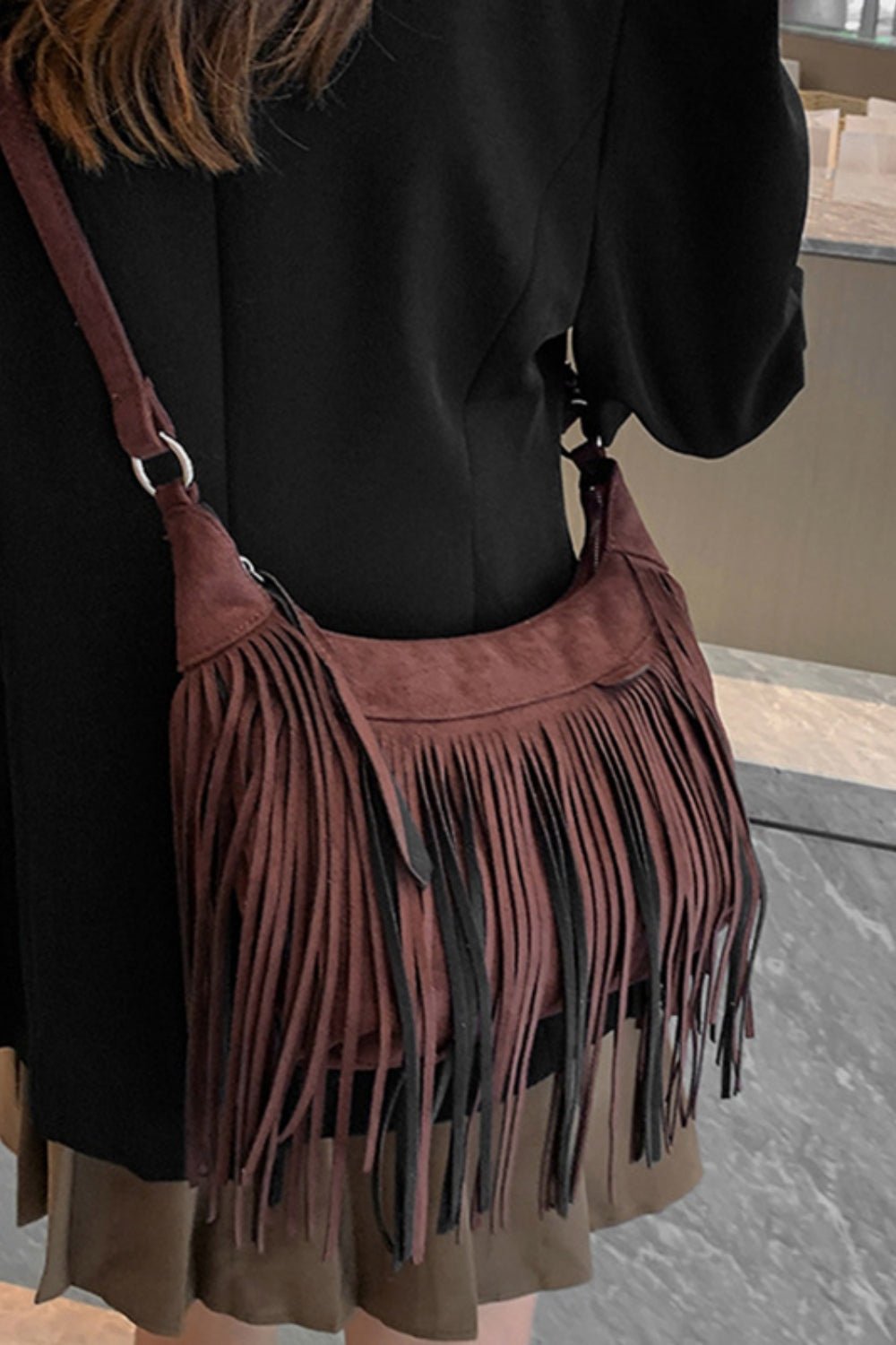 Suede Fringe Adjustable Strap Shoulder Bag - Oh she Rose