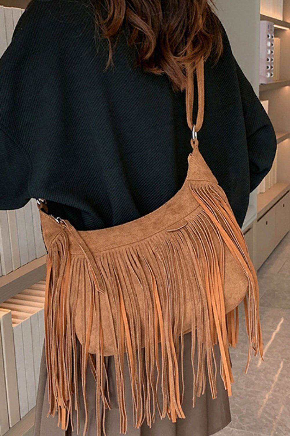 Suede Fringe Adjustable Strap Shoulder Bag - Oh she Rose