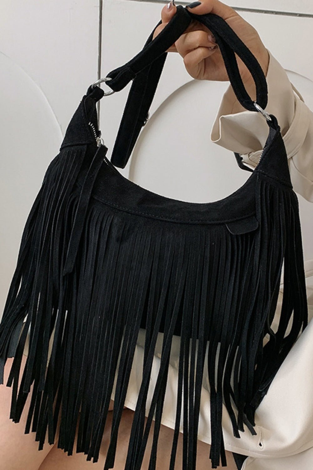 Suede Fringe Adjustable Strap Shoulder Bag - Oh she Rose