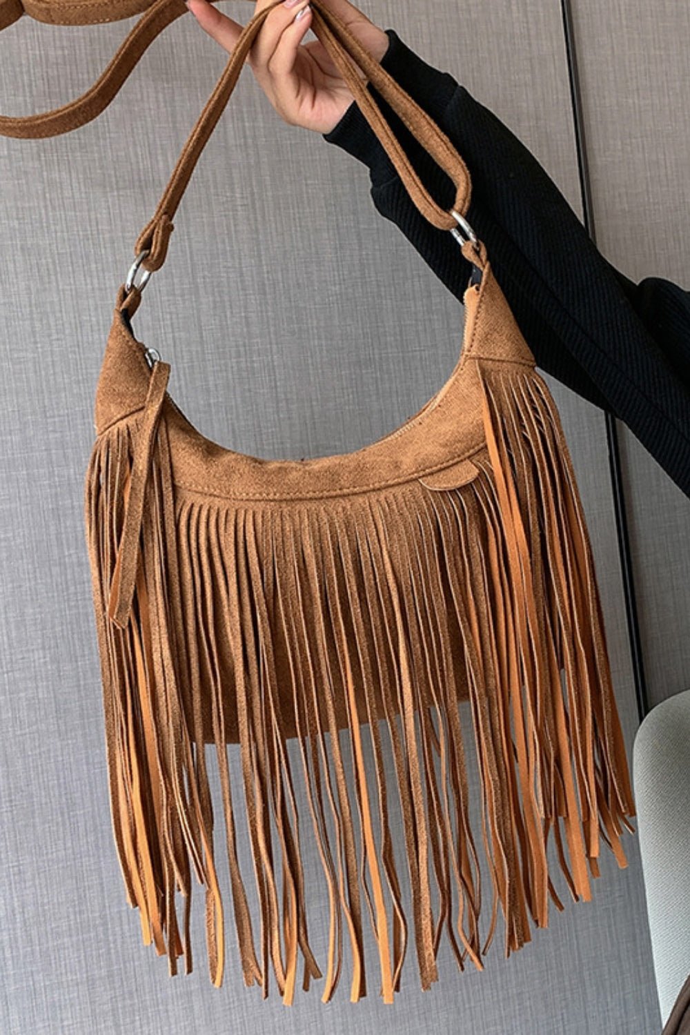 Suede Fringe Adjustable Strap Shoulder Bag - Oh she Rose