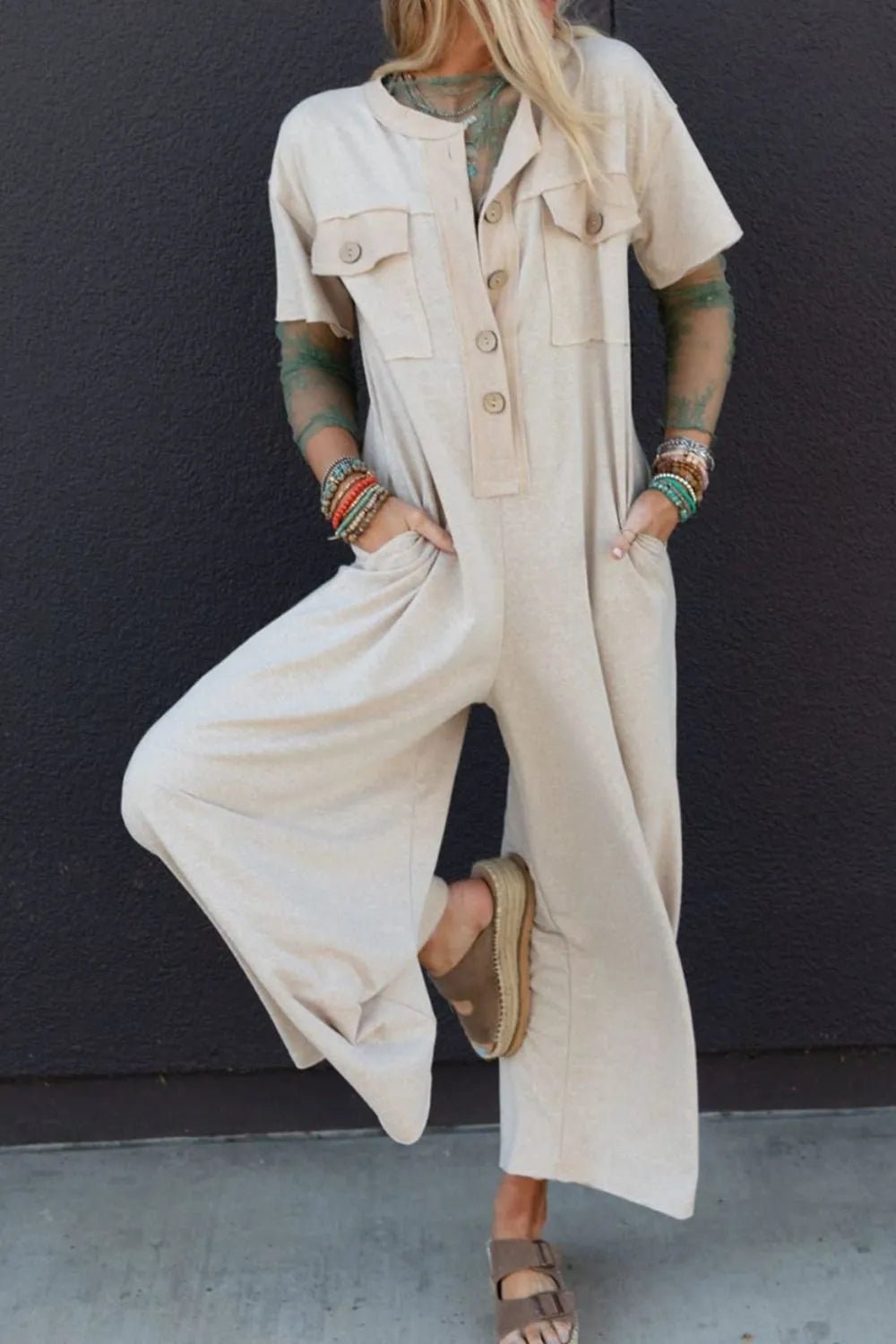 The 'Every Wear' Short Sleeve Wide Leg Jumpsuit - Oh she Rose