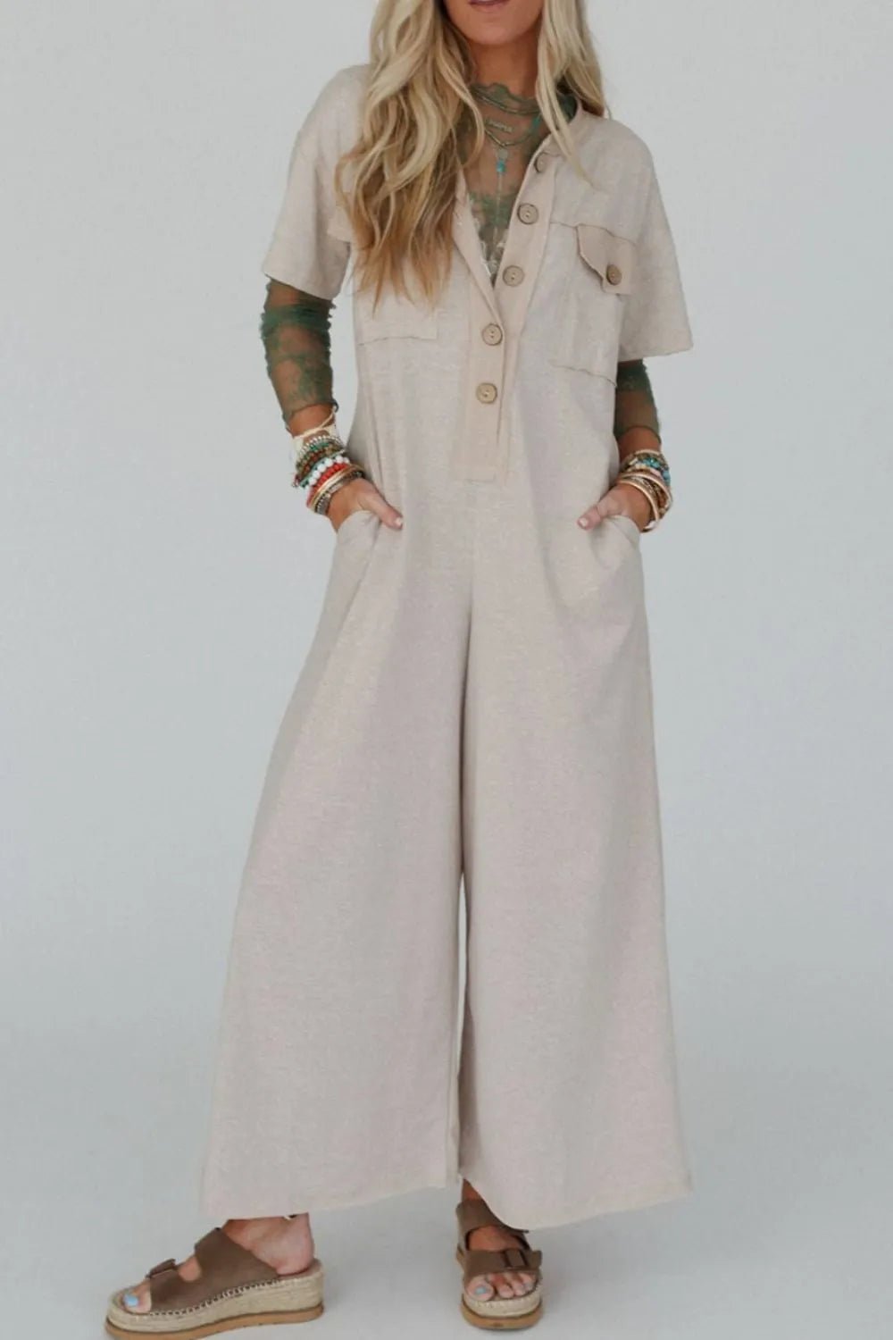 The 'Every Wear' Short Sleeve Wide Leg Jumpsuit - Oh she Rose