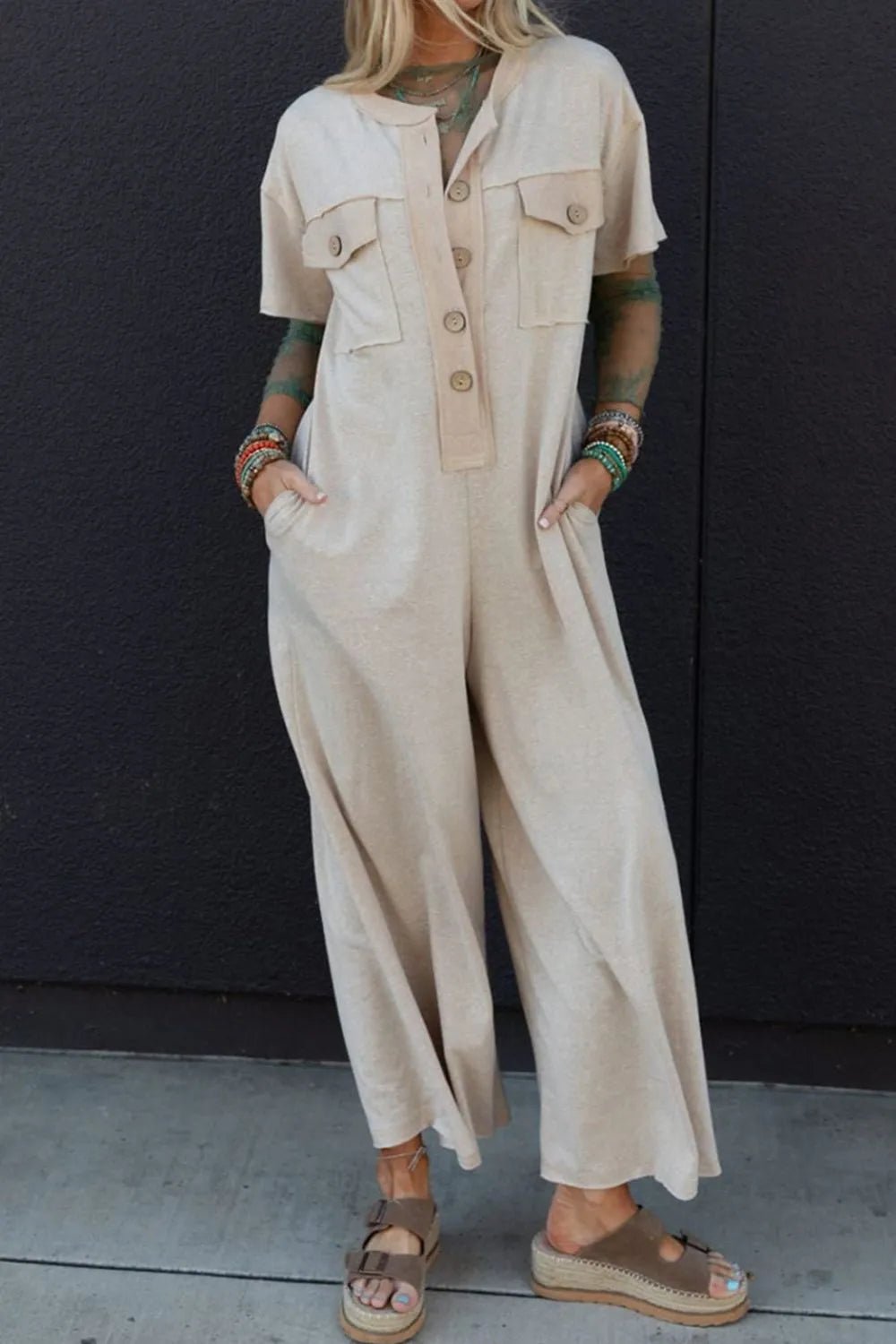 The 'Every Wear' Short Sleeve Wide Leg Jumpsuit - Oh she Rose