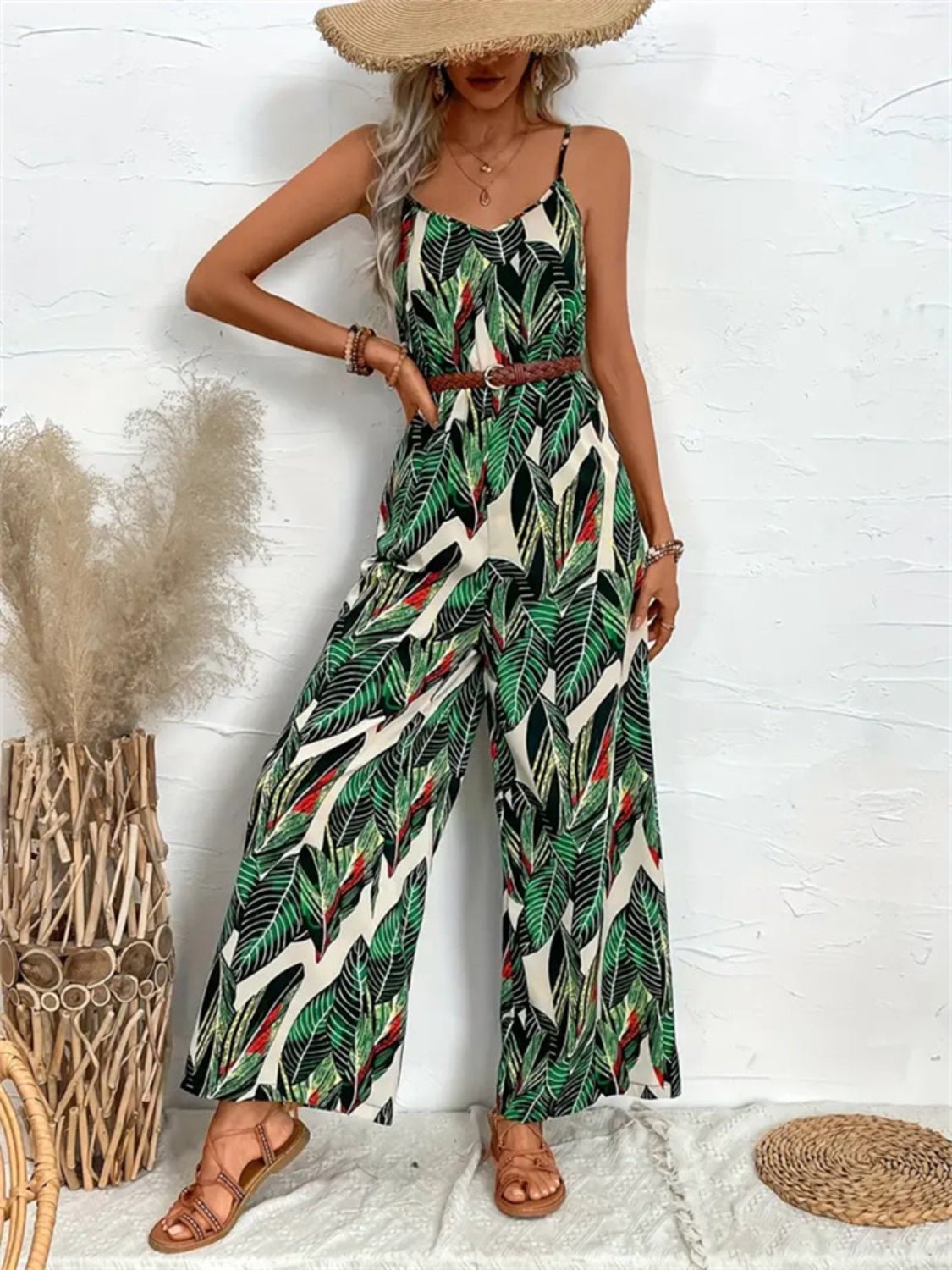 Tropical Print Spaghetti Strap Wide Leg Jumpsuit - Oh she Rose