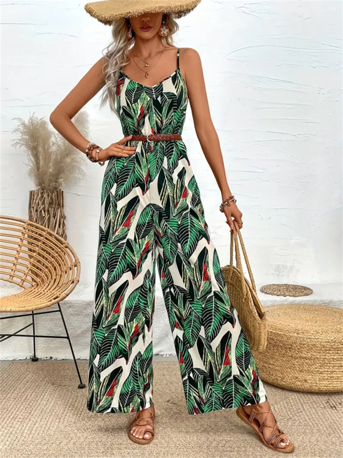 Tropical Print Spaghetti Strap Wide Leg Jumpsuit - Oh she Rose