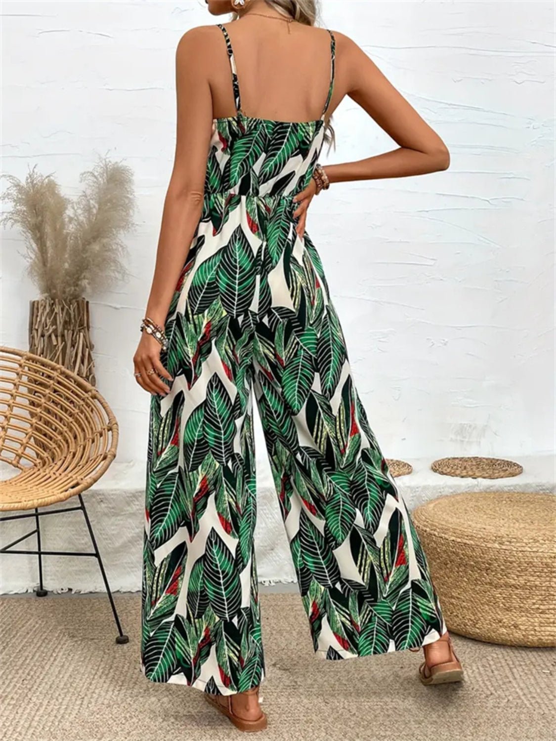 Tropical Print Spaghetti Strap Wide Leg Jumpsuit - Oh she Rose