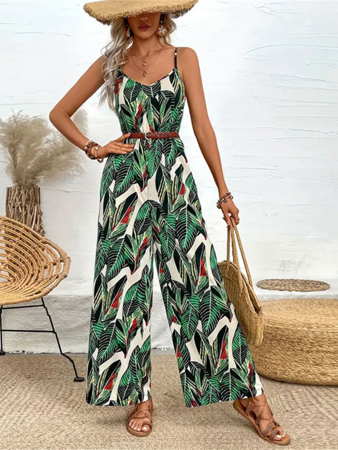 Tropical Print Spaghetti Strap Wide Leg Jumpsuit - Oh she Rose