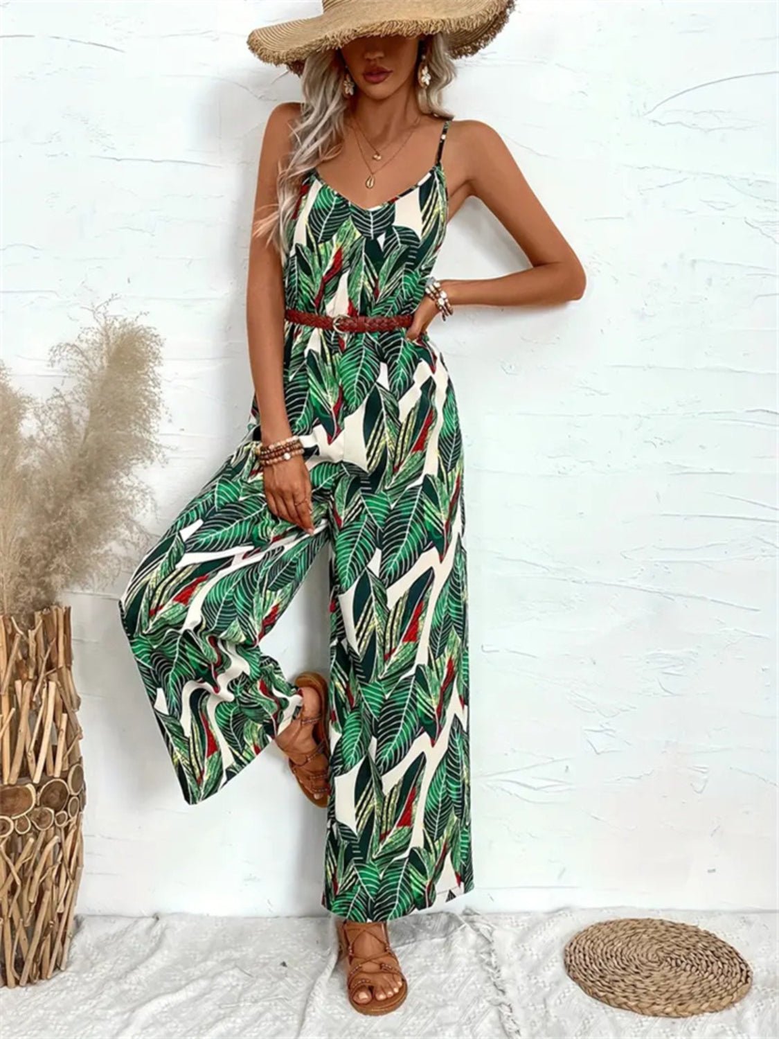 Tropical Print Spaghetti Strap Wide Leg Jumpsuit - Oh she Rose