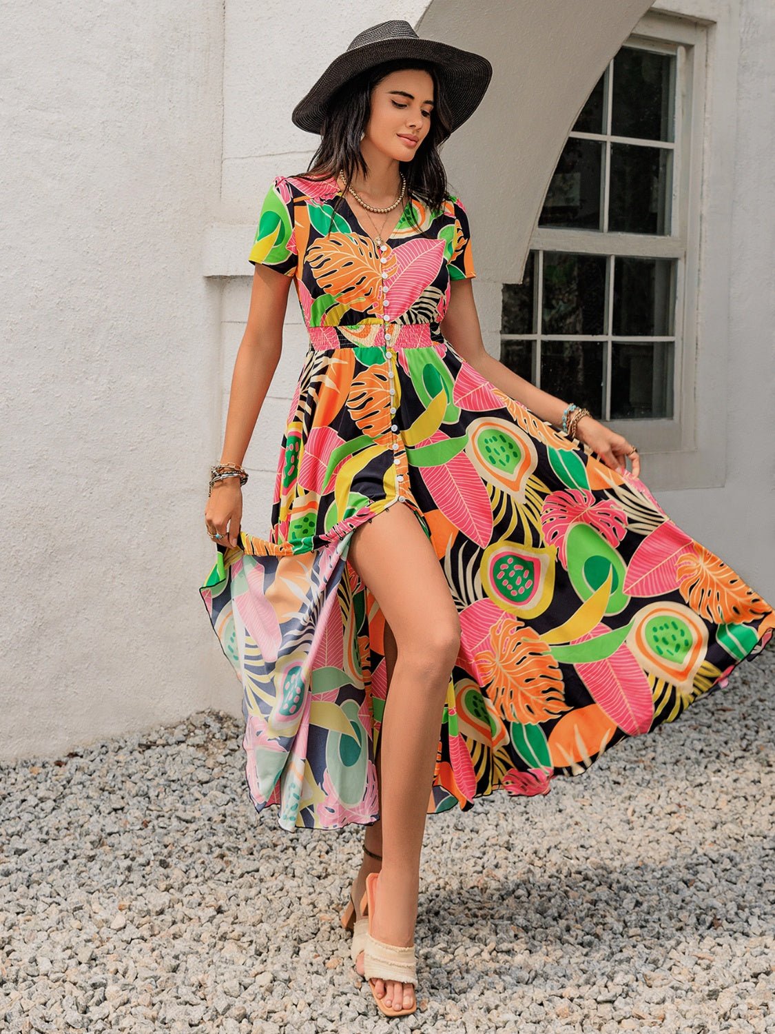 Tropical Print V - Neck Short Sleeve Midi Dress - Oh she Rose