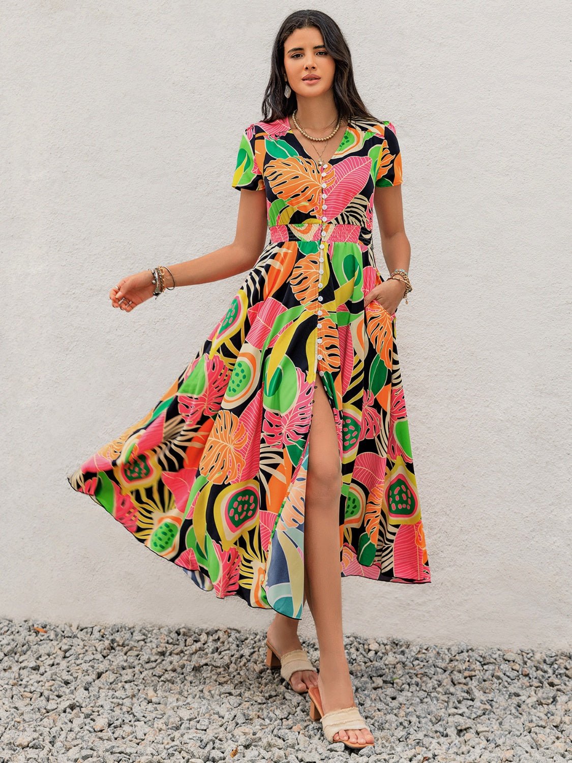 Tropical Print V - Neck Short Sleeve Midi Dress - Oh she Rose